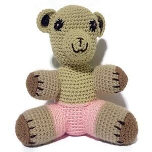 Hand Made Knit Teddy Bear Brown and Pink 11.5" Tall
